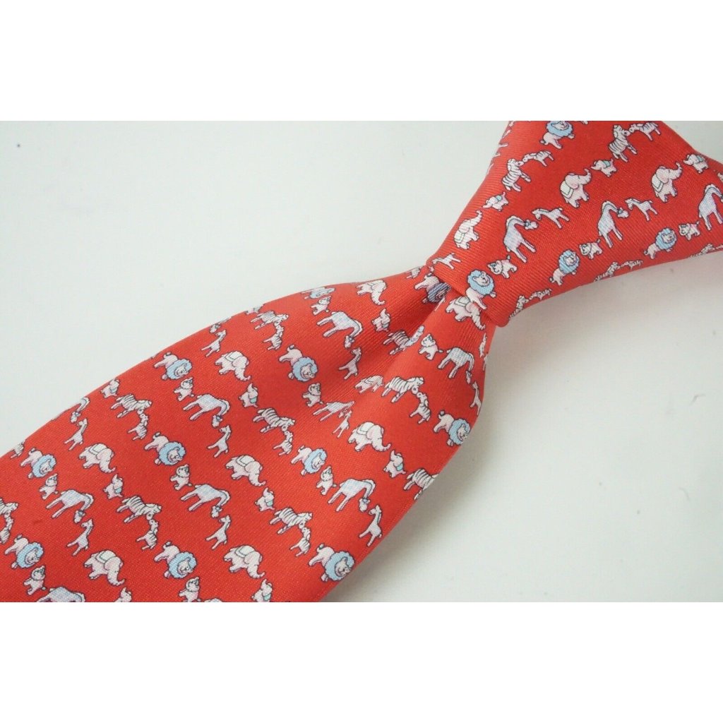 Salvatore Ferragamo Cherry Red Mom Baby Zoo Animal 100% Silk Tie